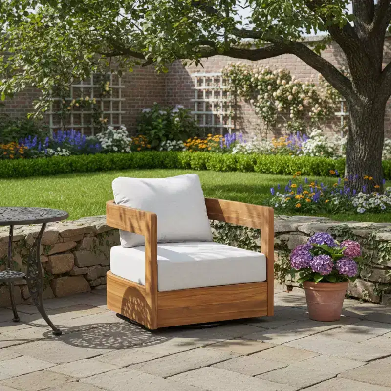 Outdoor Wooden Swivel Club Chair with Beige Cushion, Modern Patio Seating for Garden, Deck, or Balcony-Panipeachy