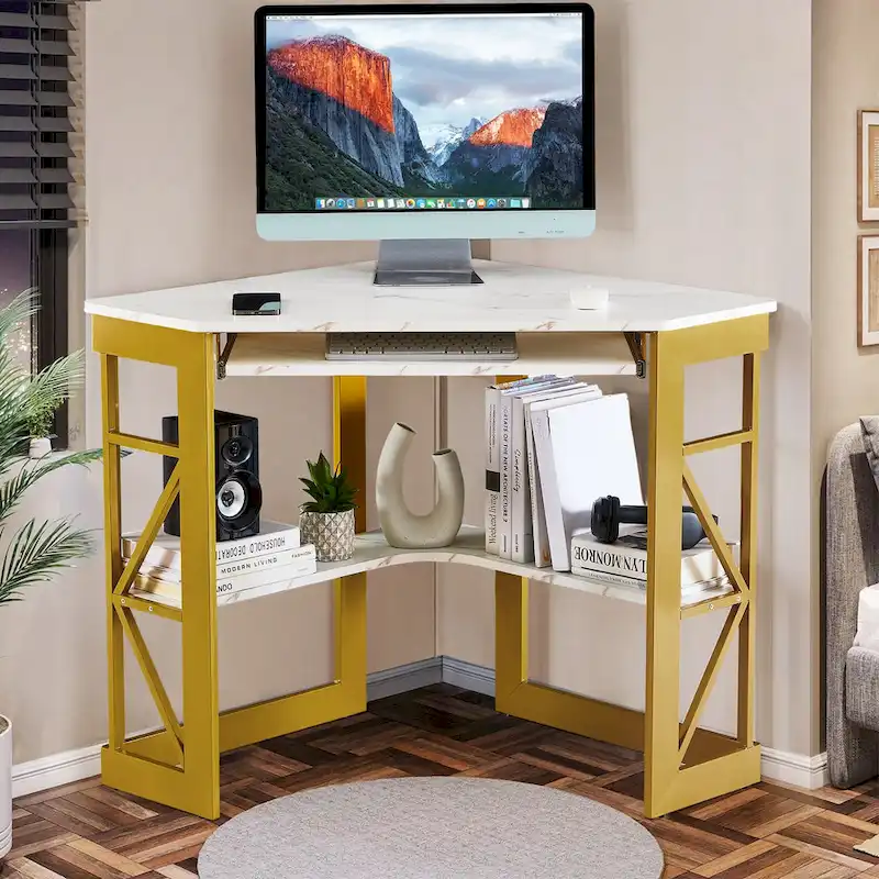 Javlergo Corner Desk with Keyboard Tray, Study Writing Computer Table for College Dorm Home Office