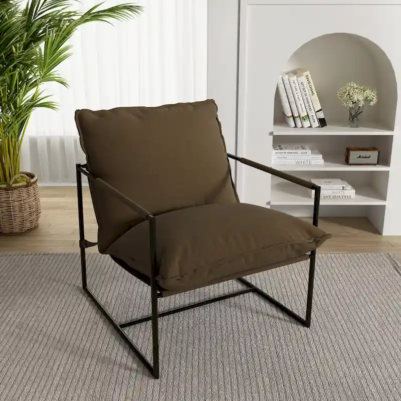 Metal Frame Sling Accent Chair – Open Square Style, 1-Person (Brown / Light Grey / Blue / Black / Beige)