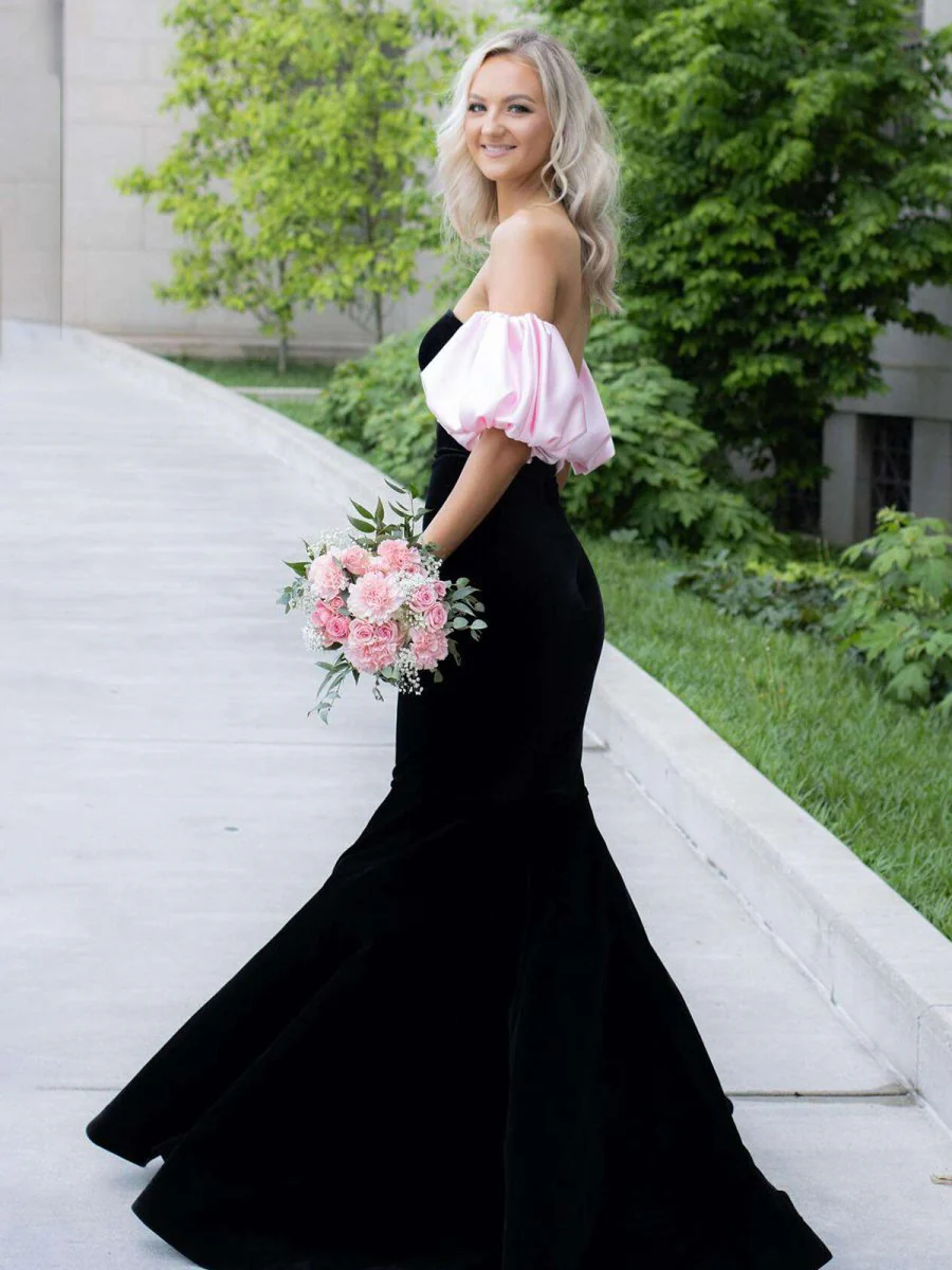Black Mermaid Velvet Long Prom Dress with Detachable Sleeves