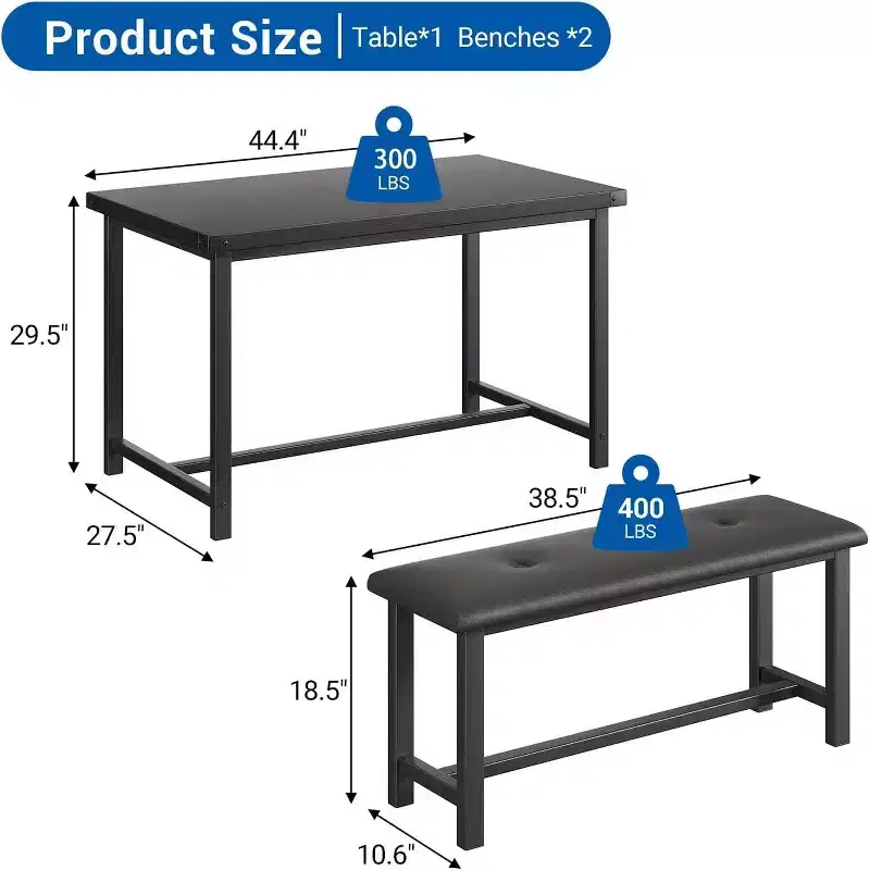 Acekool Dining Table Set with 2 Upholstered Benches, Space-Saving Table for Apartment or Dining Room