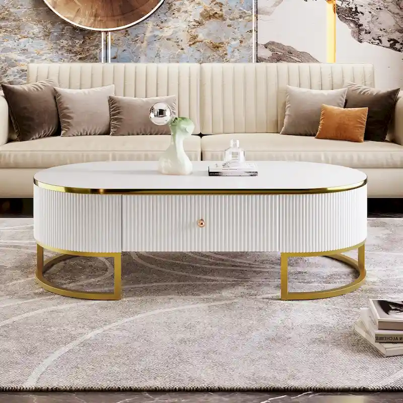 47.2  Modern Coffee Table with Gold Metal Decor and Integrated Drawers