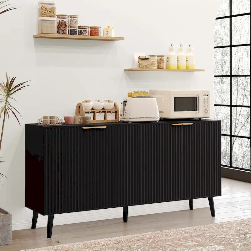 Black / White Mid-Century Modern 4-Door Buffet Sideboard with Wave Textured Doors & Solid Wood Legs, 1-Person