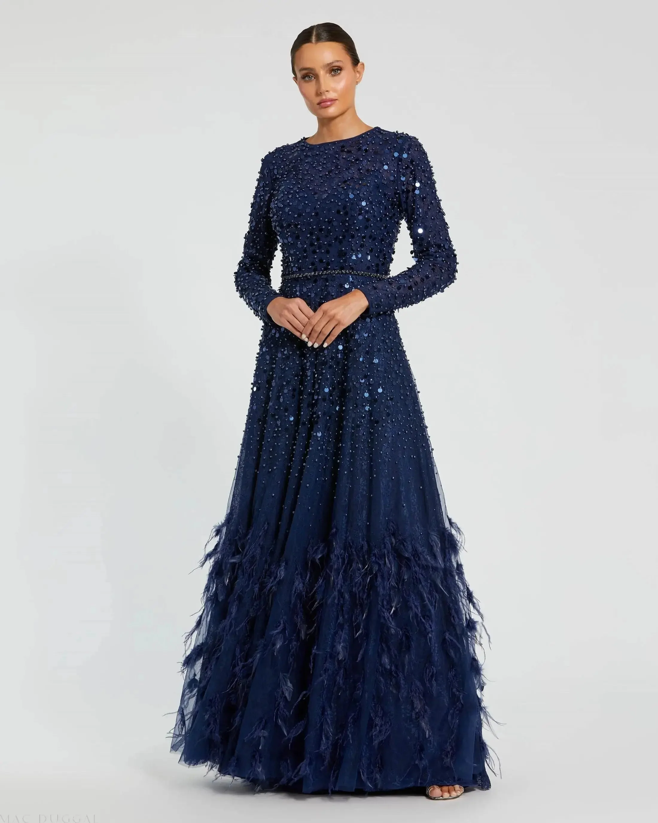 Navy Disc Embellished Sequin Gown with Feather Detail