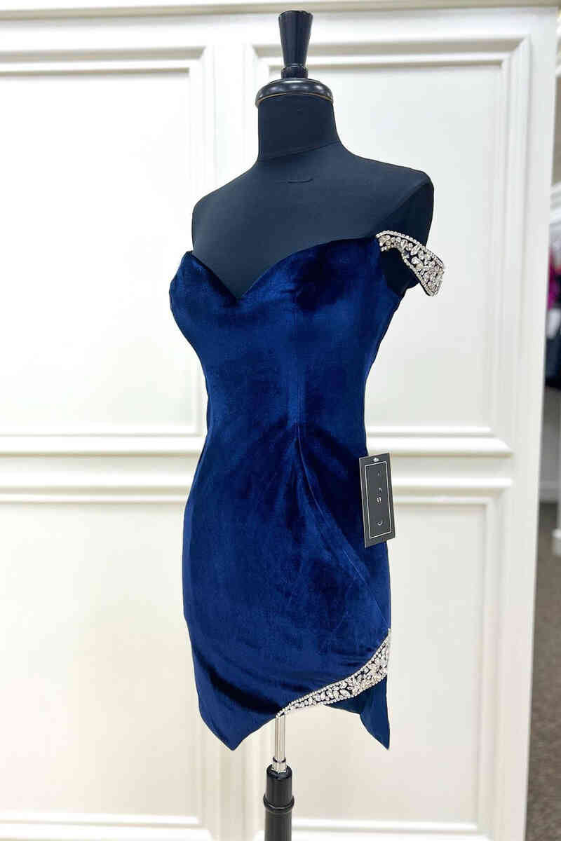 Off the shoulder Beaded Navy Velvet Tight Homecoming Dress