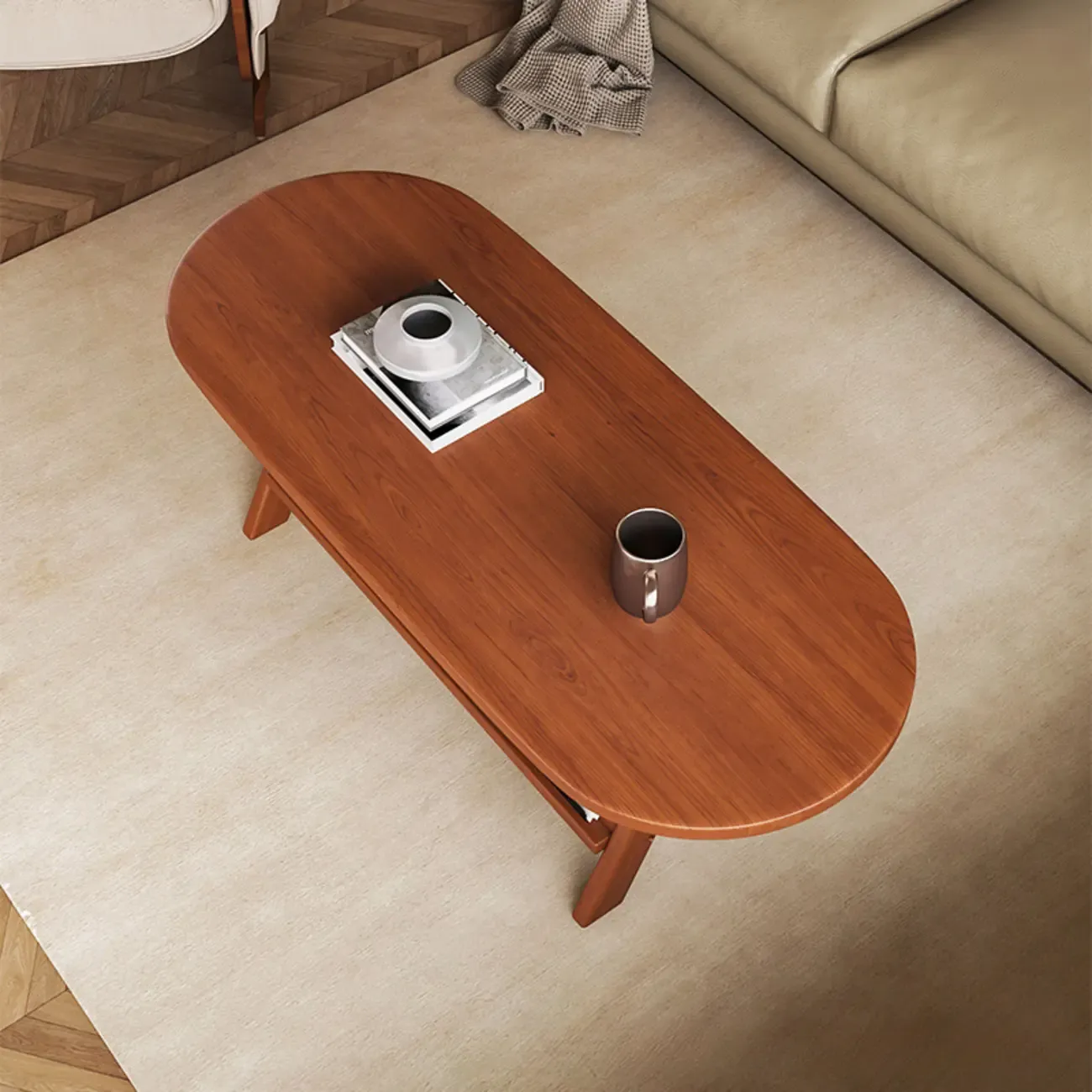 Classic Wooden Oval Coffee Table with Tilt Shelf