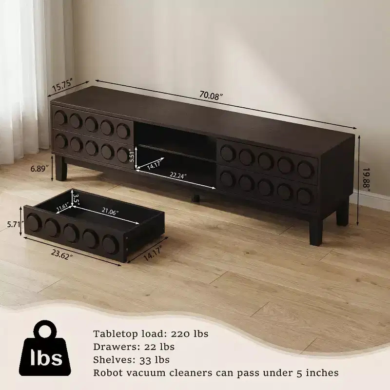 JVNOXK Modern Mid-Century Media Console with 4 Drawers,Cable Management, TV Console Table for TVs up to 75,for Living Room,Office(Dark Brown)