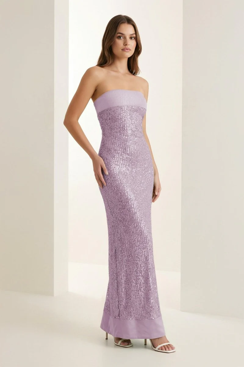 Sage Sheath Strapless Sequined Long Prom Dresses