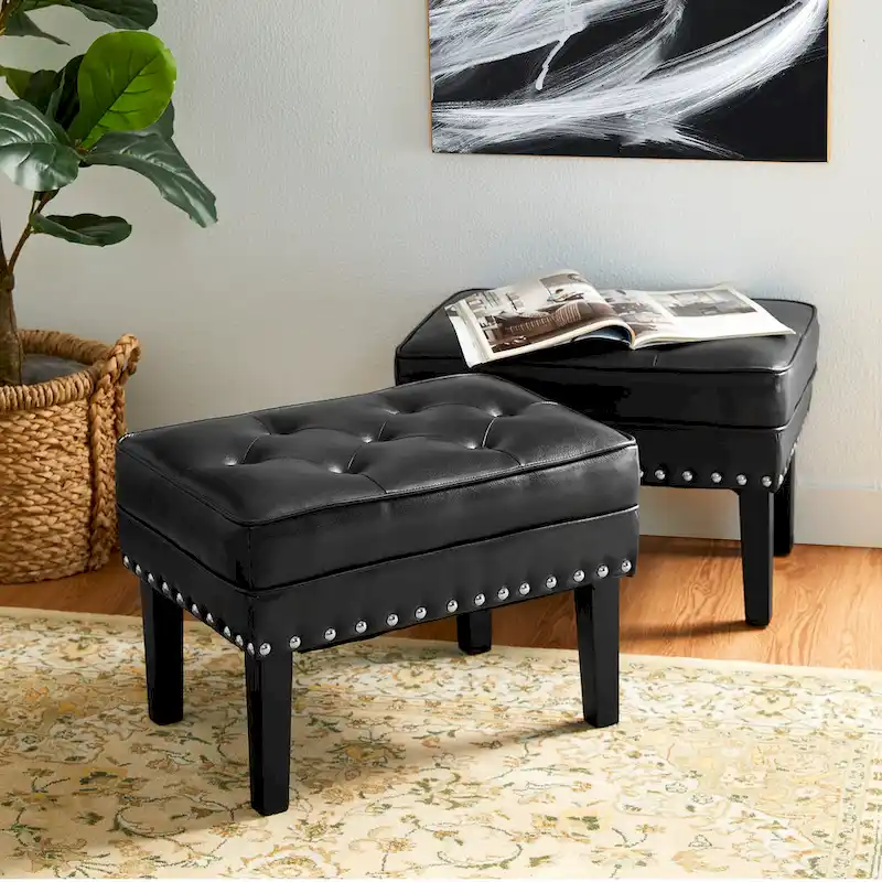 Glitzhome Set of 2 22W Leatherette Button-tufted Foot Stools Ottomans