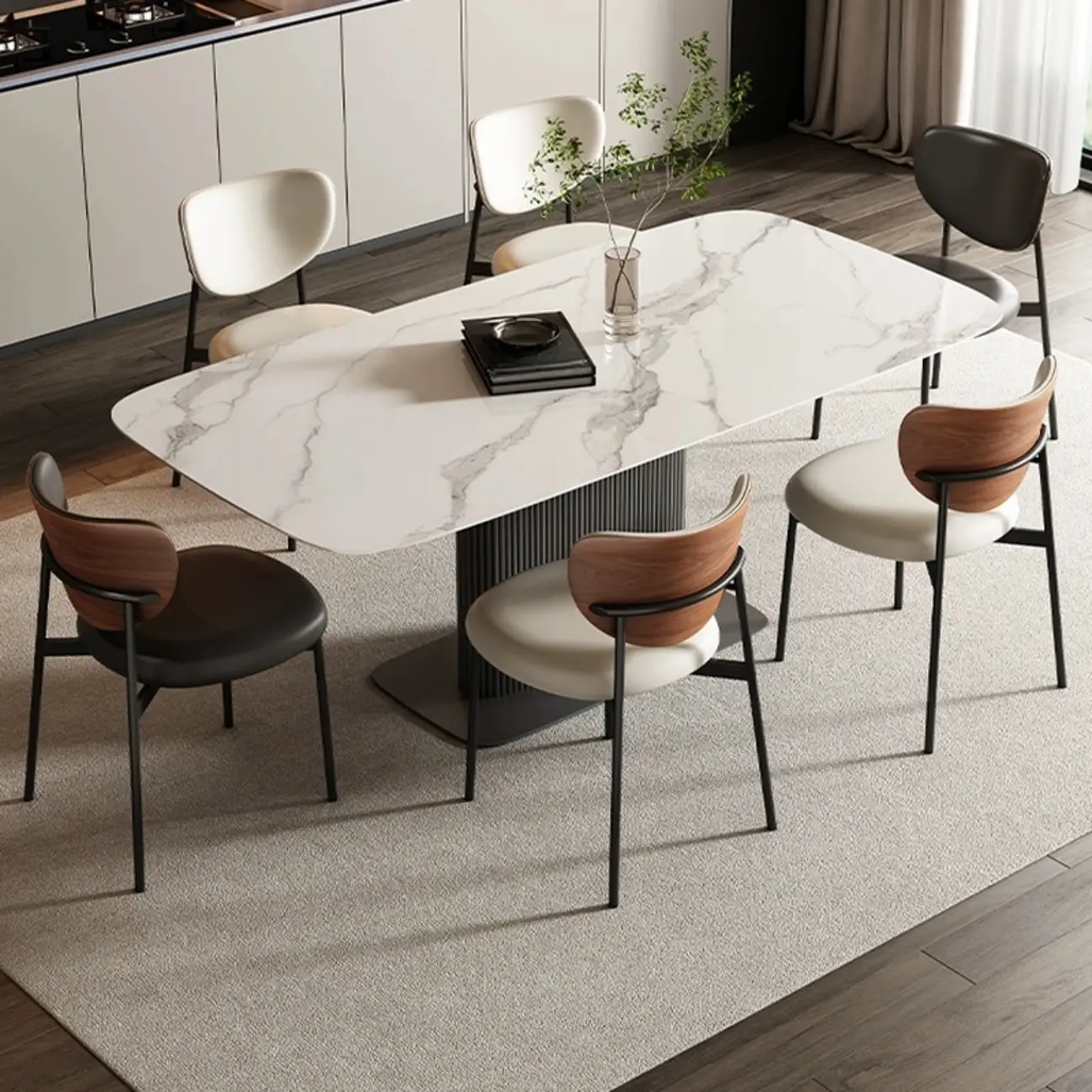 Mid-Century Modern Curved Back Leather Dining Chairs