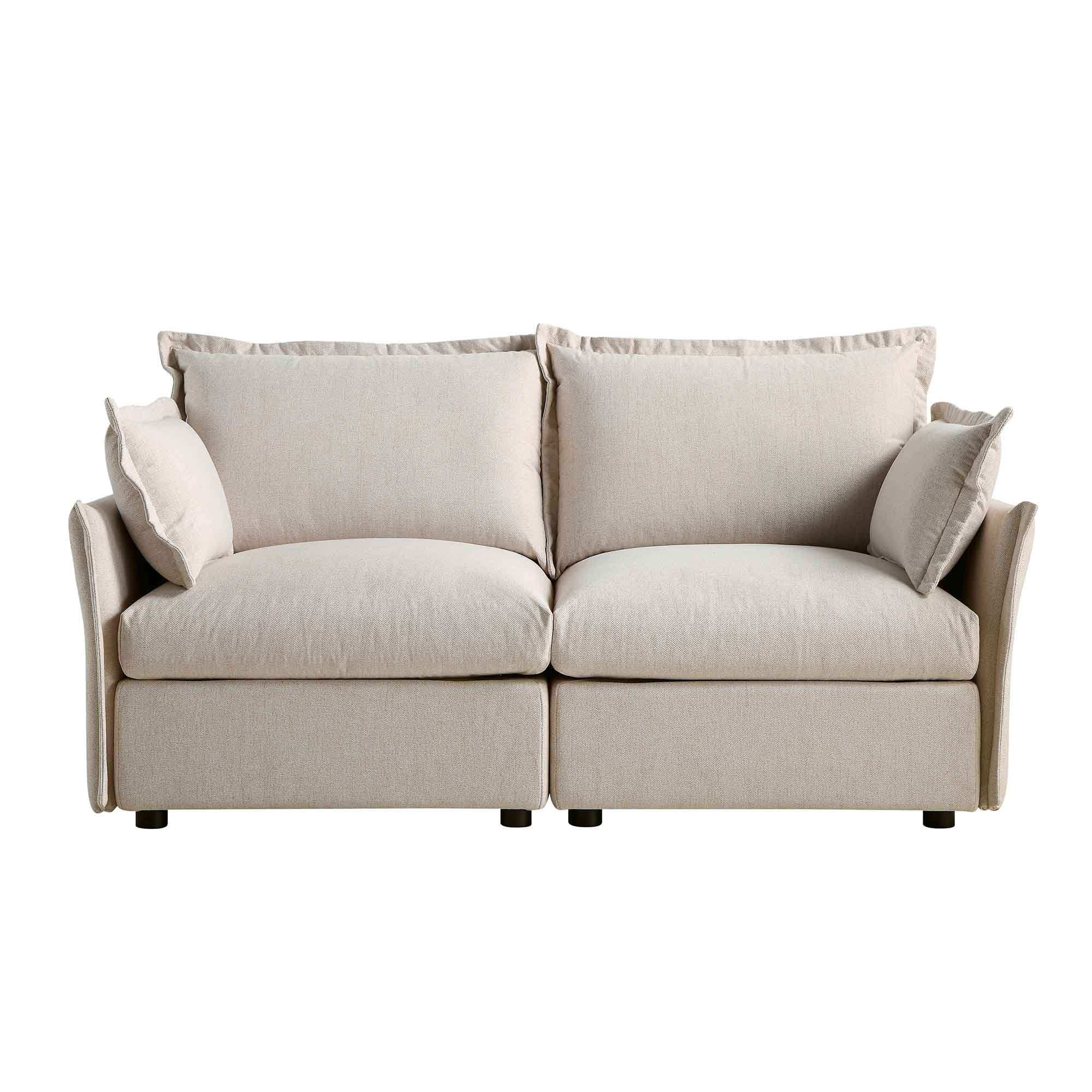 Pillow Edge Beige Fabric Sectional Sofa, 2-Seater