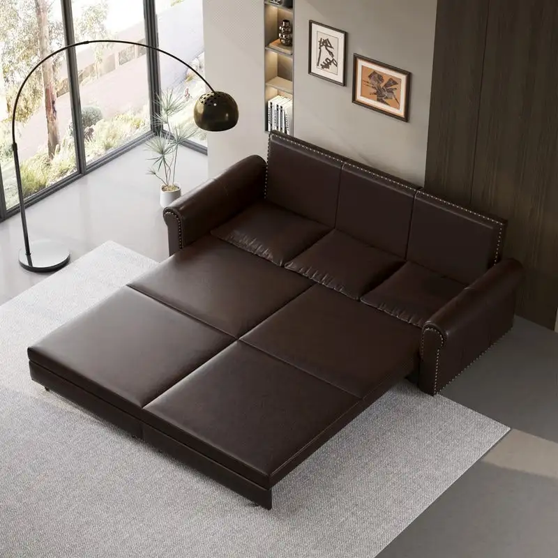 3-in-1 King Pull Out Sofa Bed Chesterfield Sofa, Velvet/Faux Leather Convertible Sleeper Sofa with Nailhead Trim & Rolled Arm