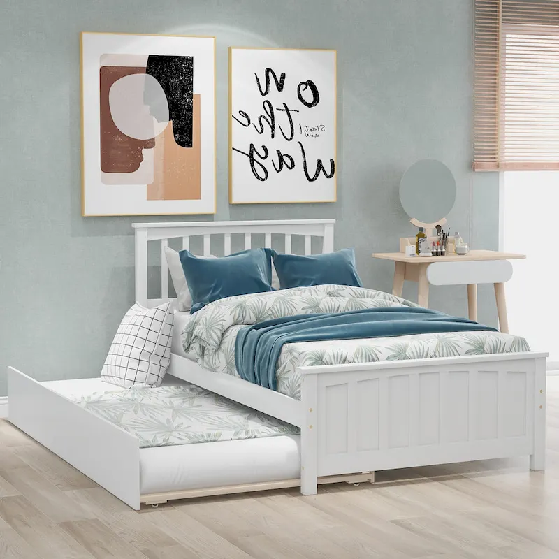 Grey / White Solid Pine Twin Platform Bed with Trundle – Modern Style, 1–2 Person Use