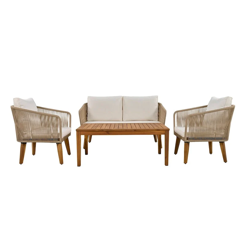Mid-Century Modern 4-Piece Patio Set: Acacia Wood Loveseat, Chairs & Table