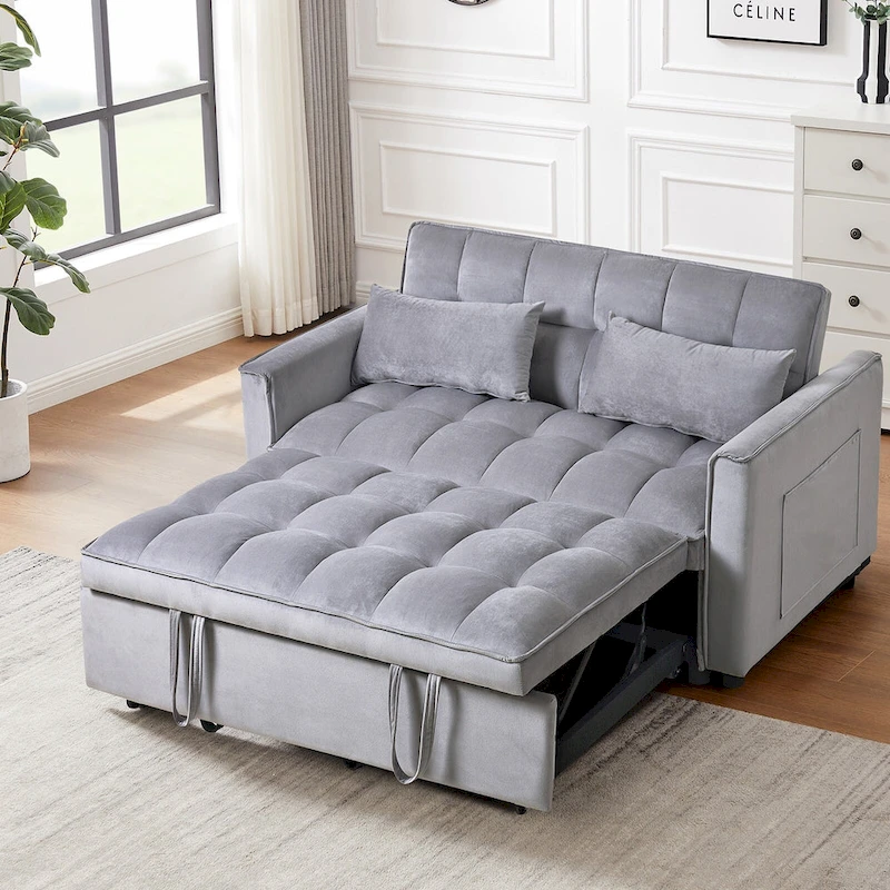 Modern Velvet Loveseat Futon Sofa Couch Pullout Bed, Small Love Seat Lounge Sofa w/Reclining Backrest, Toss Pillows, Pockets