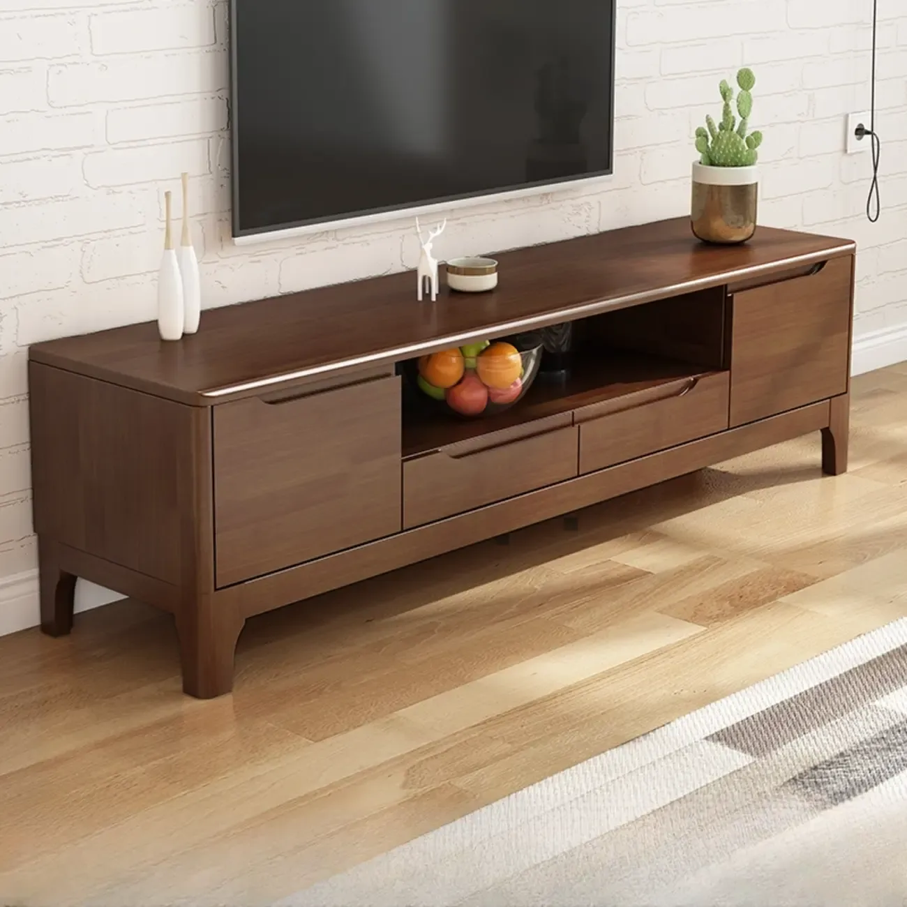 Durable Natural Wooden TV Stand with Cable Management