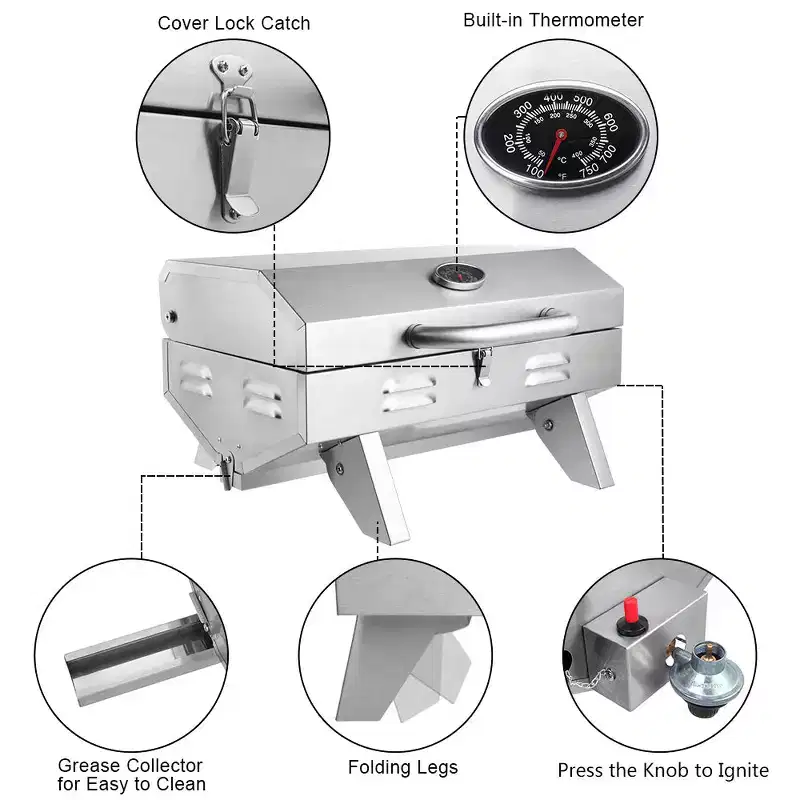 ROVSUN 1 Burner Portable Propane Gas Grill, 12000BTU Stainless Steel Tabletop Outdoor Cooking Grill for Picnic Camping RV Tailgating Patio Garden BBQ