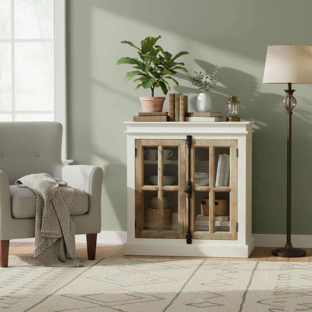 Two Tone Cabinet with Tempered Glass Window Pane Doors