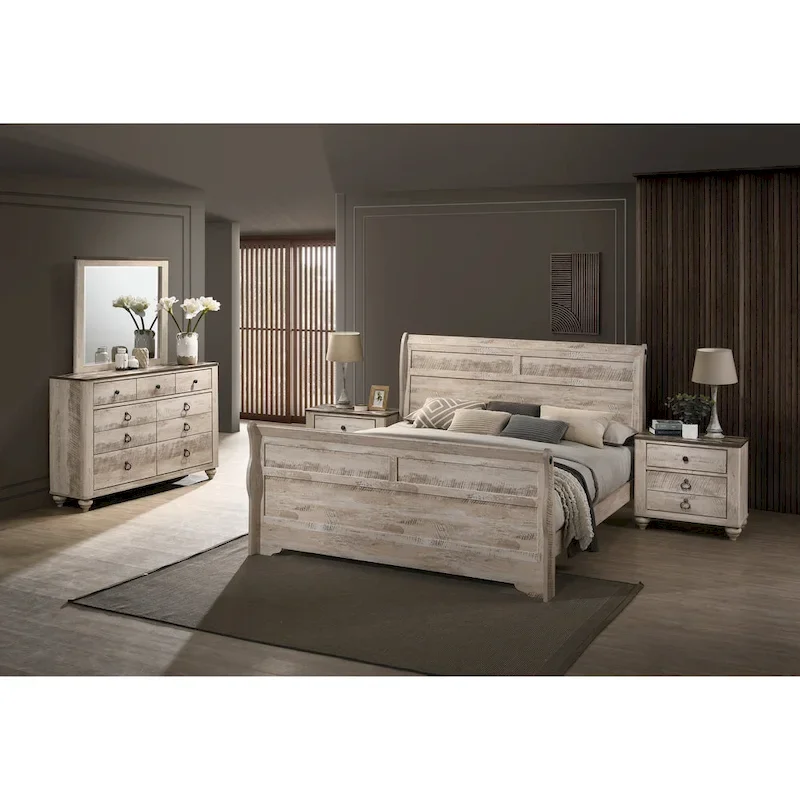 Contemporary White Wash Finish Bedroom Set with Sleigh Bed, Dresser, Mirror, Two Nightstands
