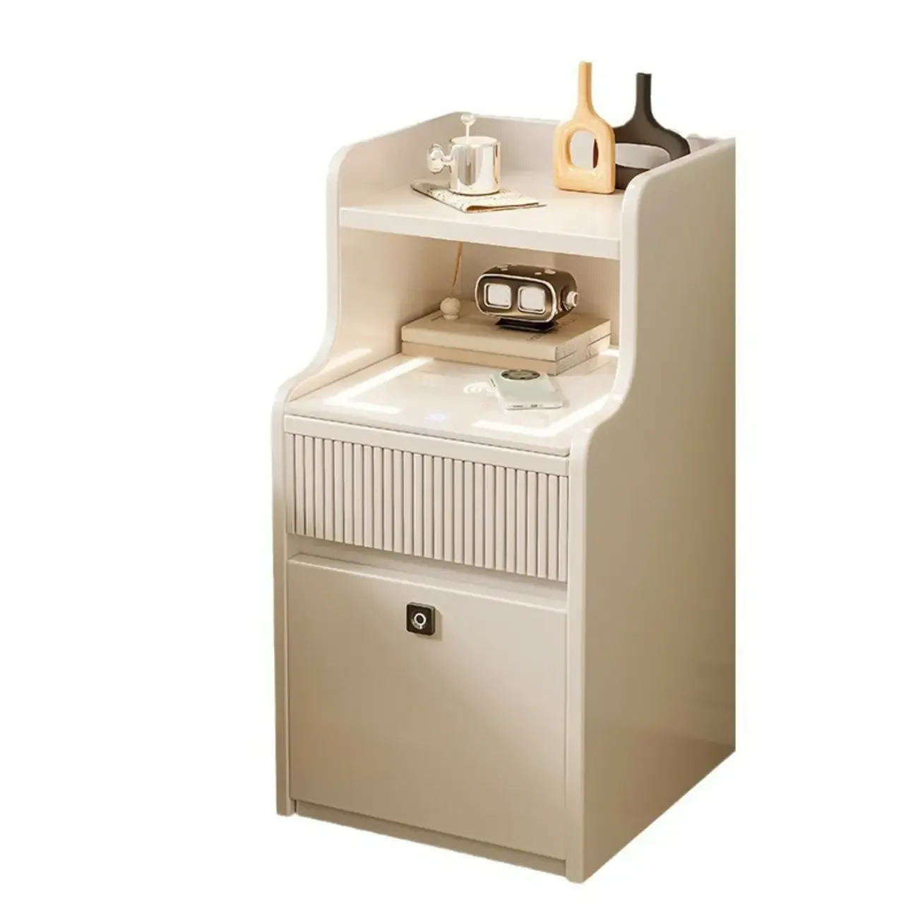 Smart Versatile White Wood Nightstand with Fingerprint Lock