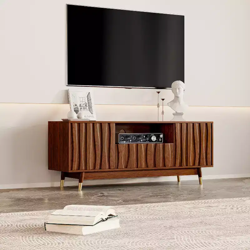 ATJafurn Wood TV Stand with Drawer and Cabinet, Mid Century Modern Entertainment Center with Solid Wood Feet, Brown Media Console for Living Room