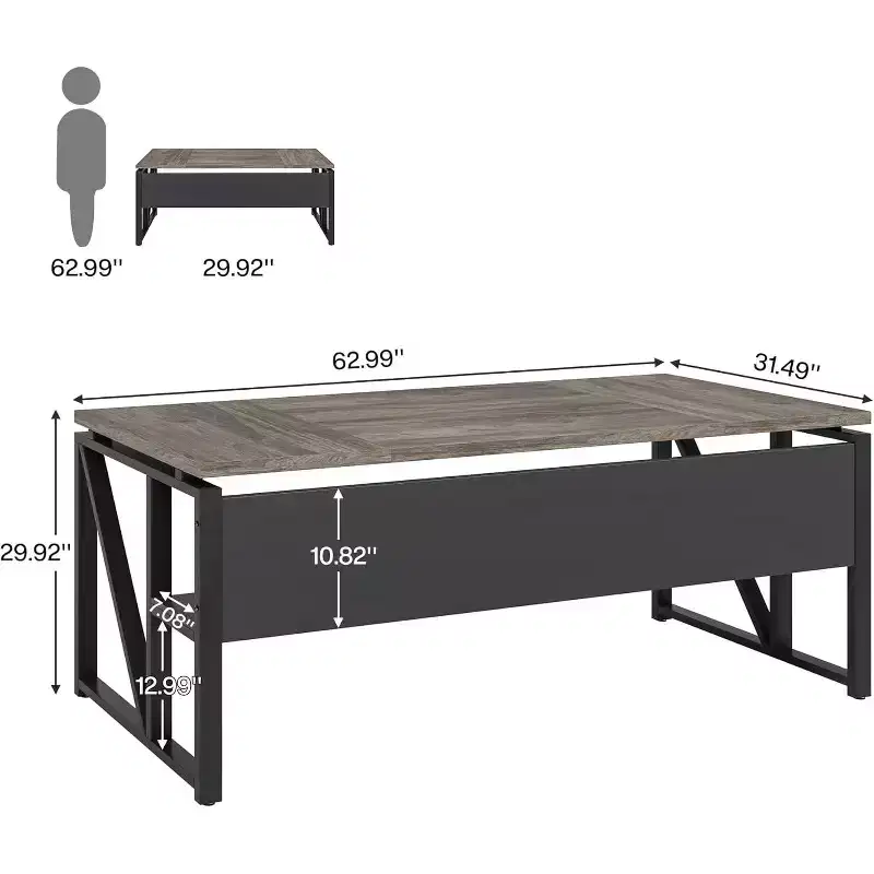 Lantine 63-Inch Computer Desk with Bottom Storage Shelf, Home Office Writing Table for Workstation, Dark Walnut, Grey, Steel Legs