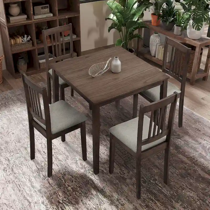 Kitchen Breakfast Nook Dining Table Chairs Set Square Wooden Dining Table Casual Dining Table with 4 Upholstered Dining Chairs