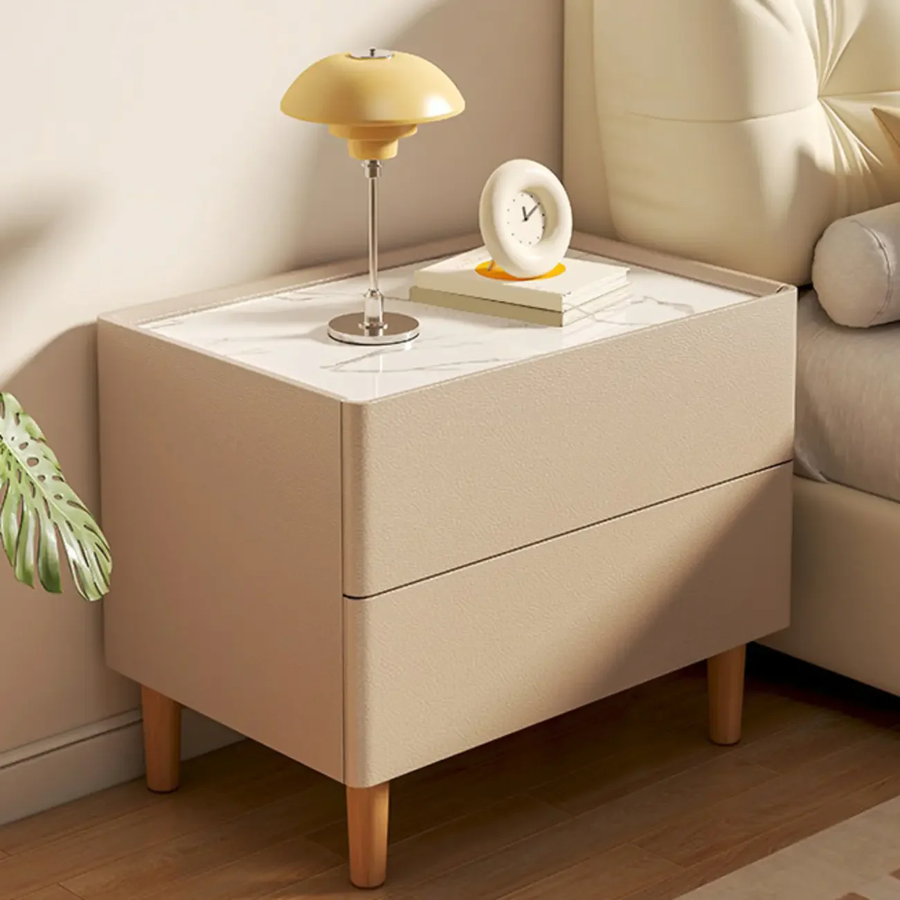 Modern White Sintered Stone Top Leather Drawers Nightstand