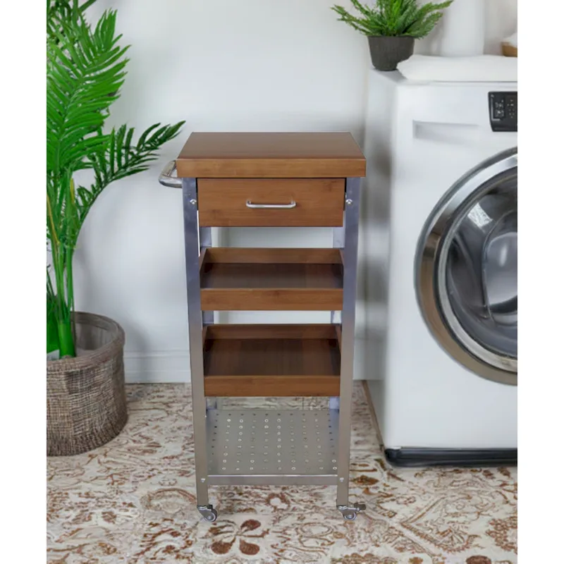 Solid Bamboo & Stainless Steel Kitchen Cart Tower with Drawer