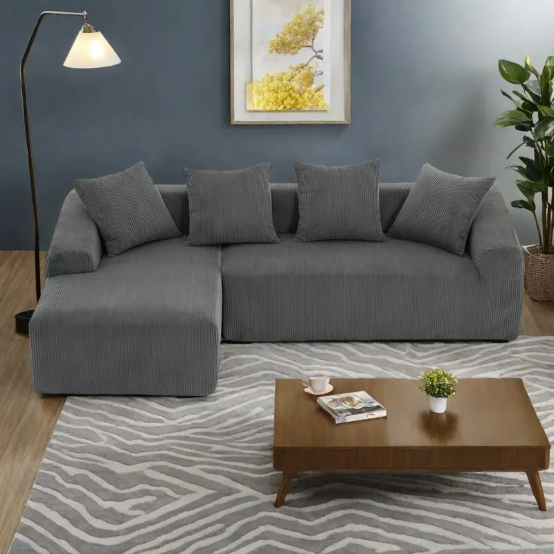 Grey / Light Grey / White Corduroy L-Shaped Sectional Sofa with Chaise, 4-Seater
