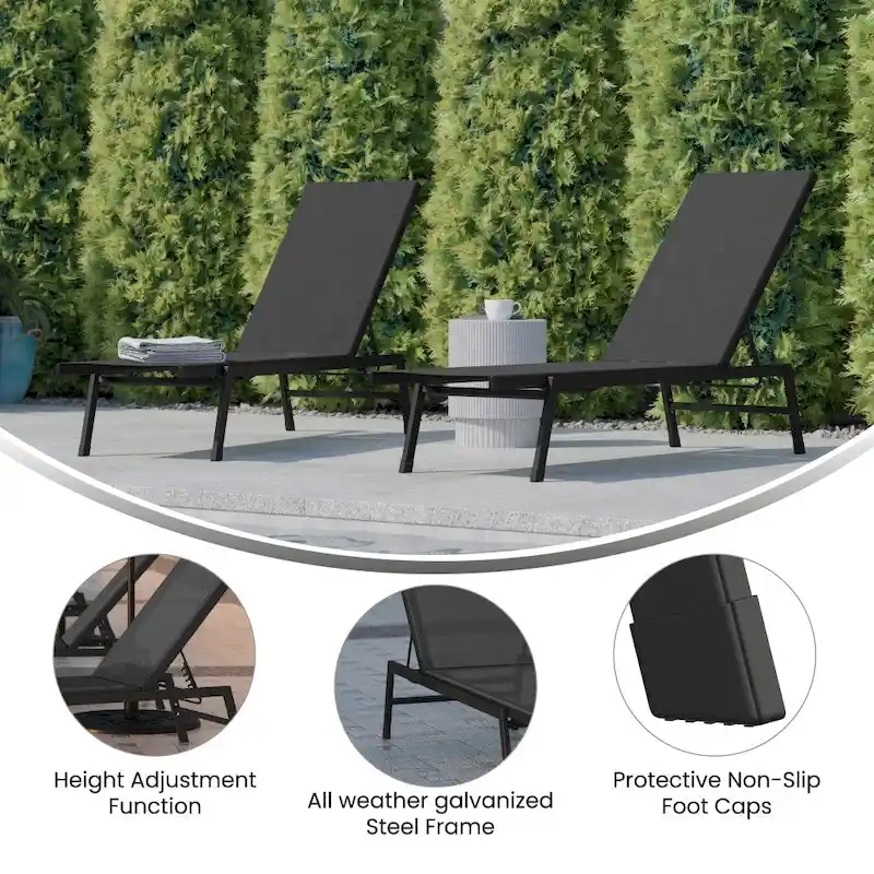 Set of 2 All-Weather Textilene Adjustable Chaise Lounge Chairs with Arms