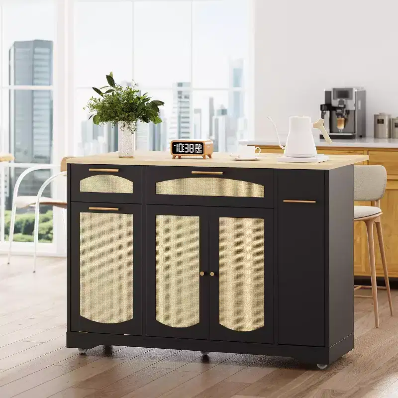 Rattan Rolling Kitchen Cart with Drop Leaf & Hidden Trash Bin. 53 Wide Island with Storage Doors, Drawers & Spice Rack, Saves Space.