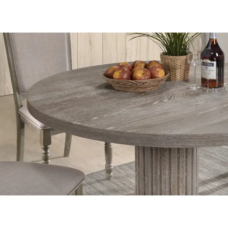 The Gray Barn Spring Mount Wood Pedestal Dining Table in Reclaimed Grey