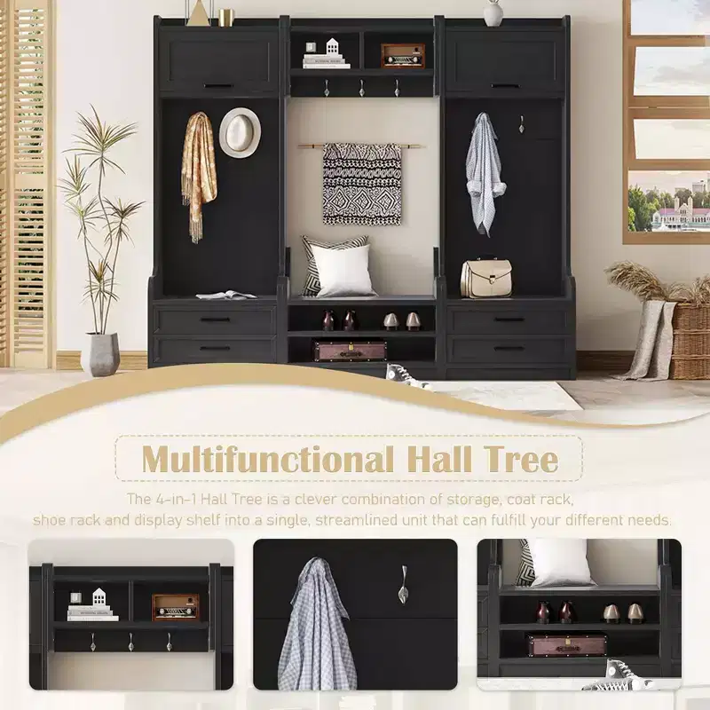 Entryway Hall Tree with Bench and Shoe Storage, 7 Hooks Coat Rack, Drawers, Cabinet, Detachable Multiple Functions Halltree
