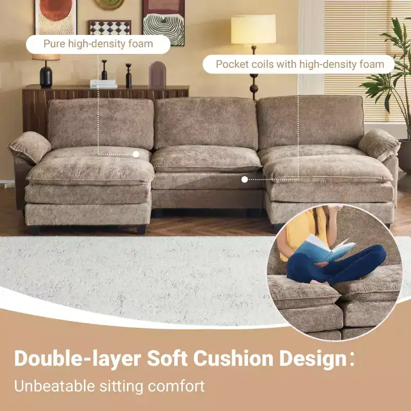 Karl Home |120 in. W Pillow Top Arm Double-layer Cushion Chenille Sofa in Blue With Ottoman