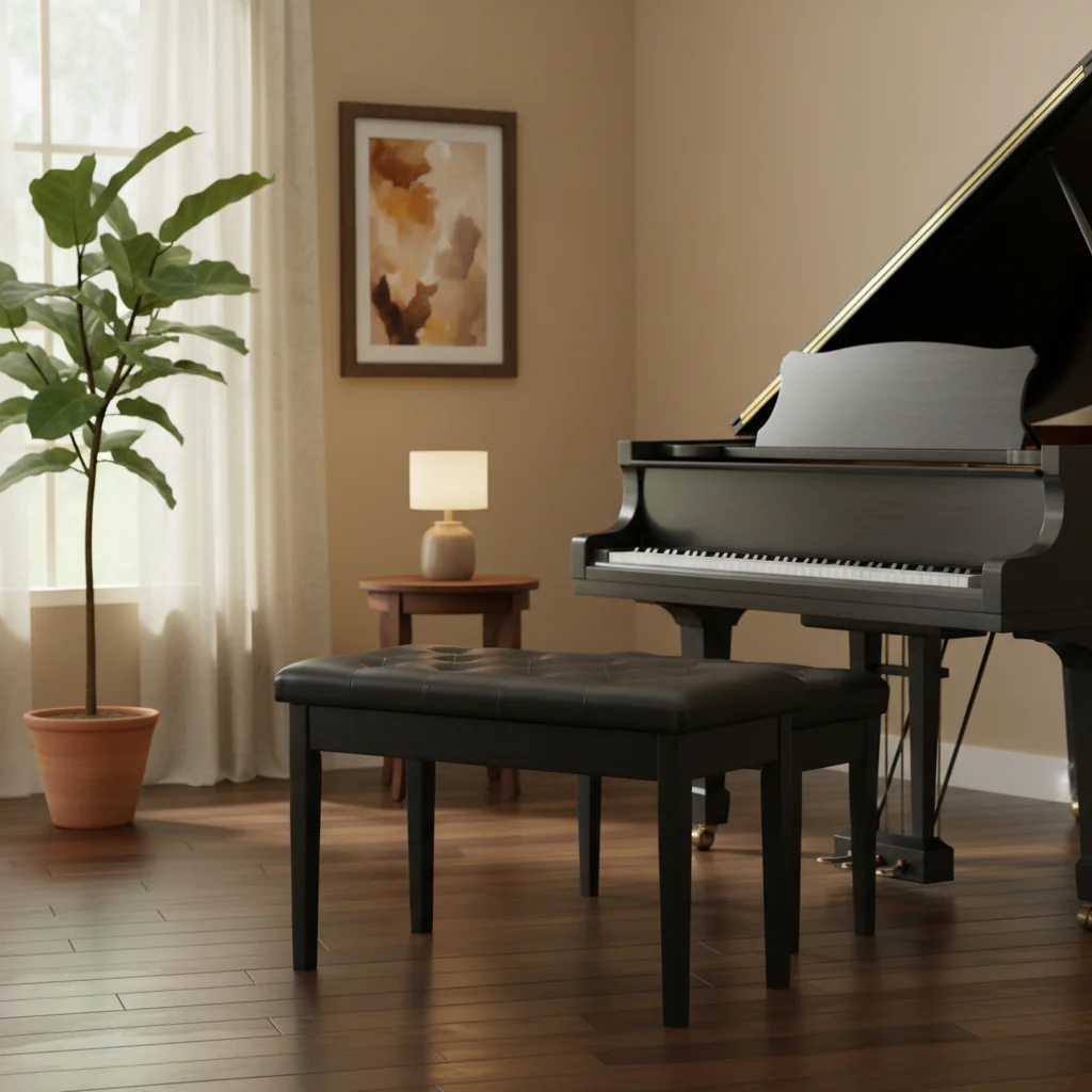 Traditional Country Birchwood Faux Leather Padded Piano Bench - Black