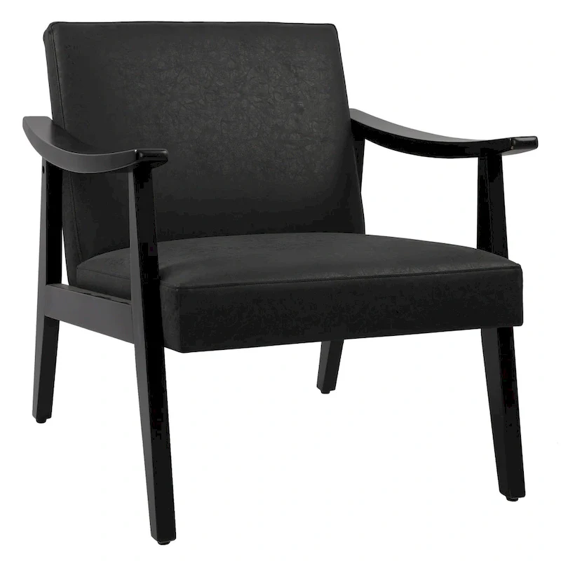 Faux Leather Accent Chair Solid Wood Armchair in Black Finish