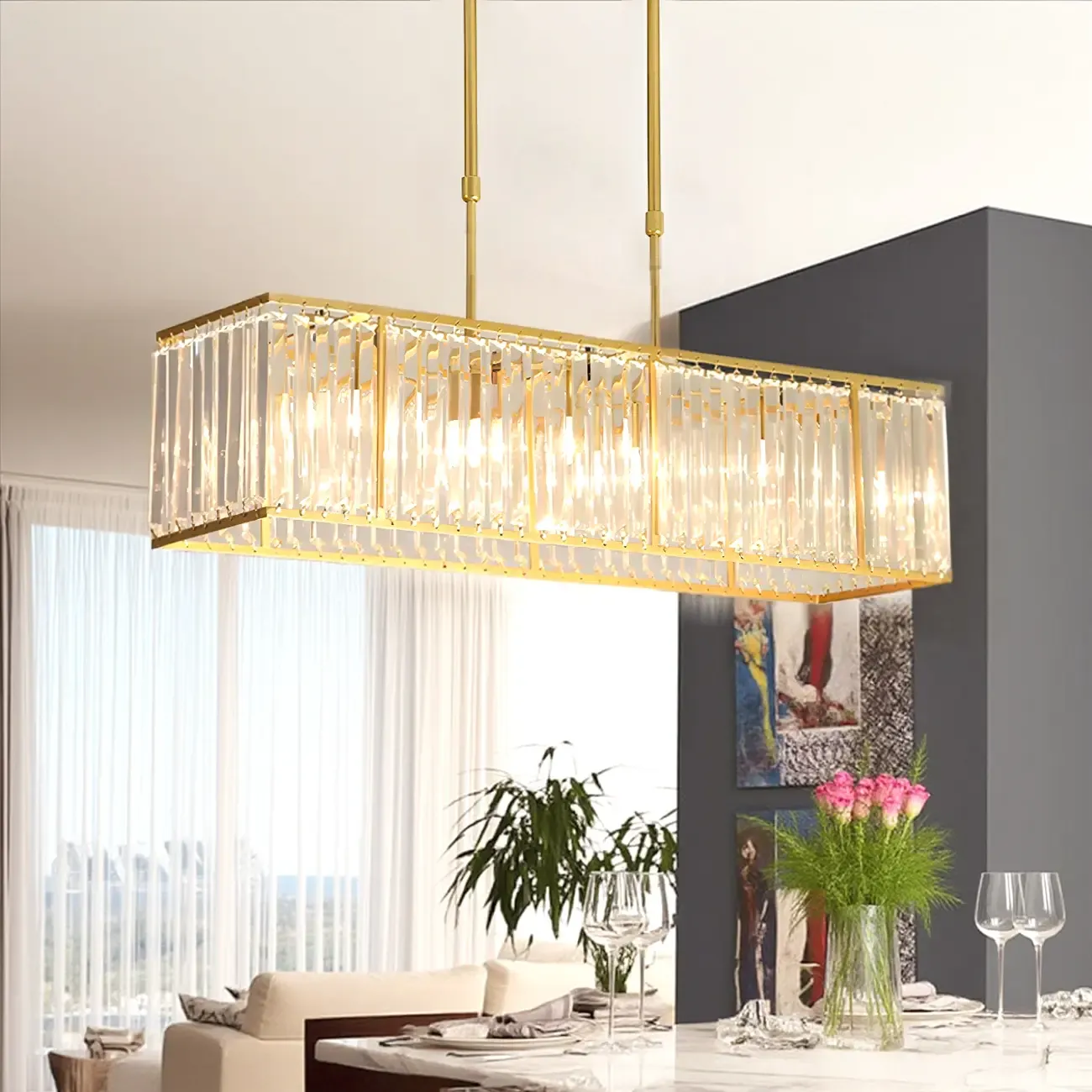 Luxury Crystal Gold Rectangle Island Pendant Light