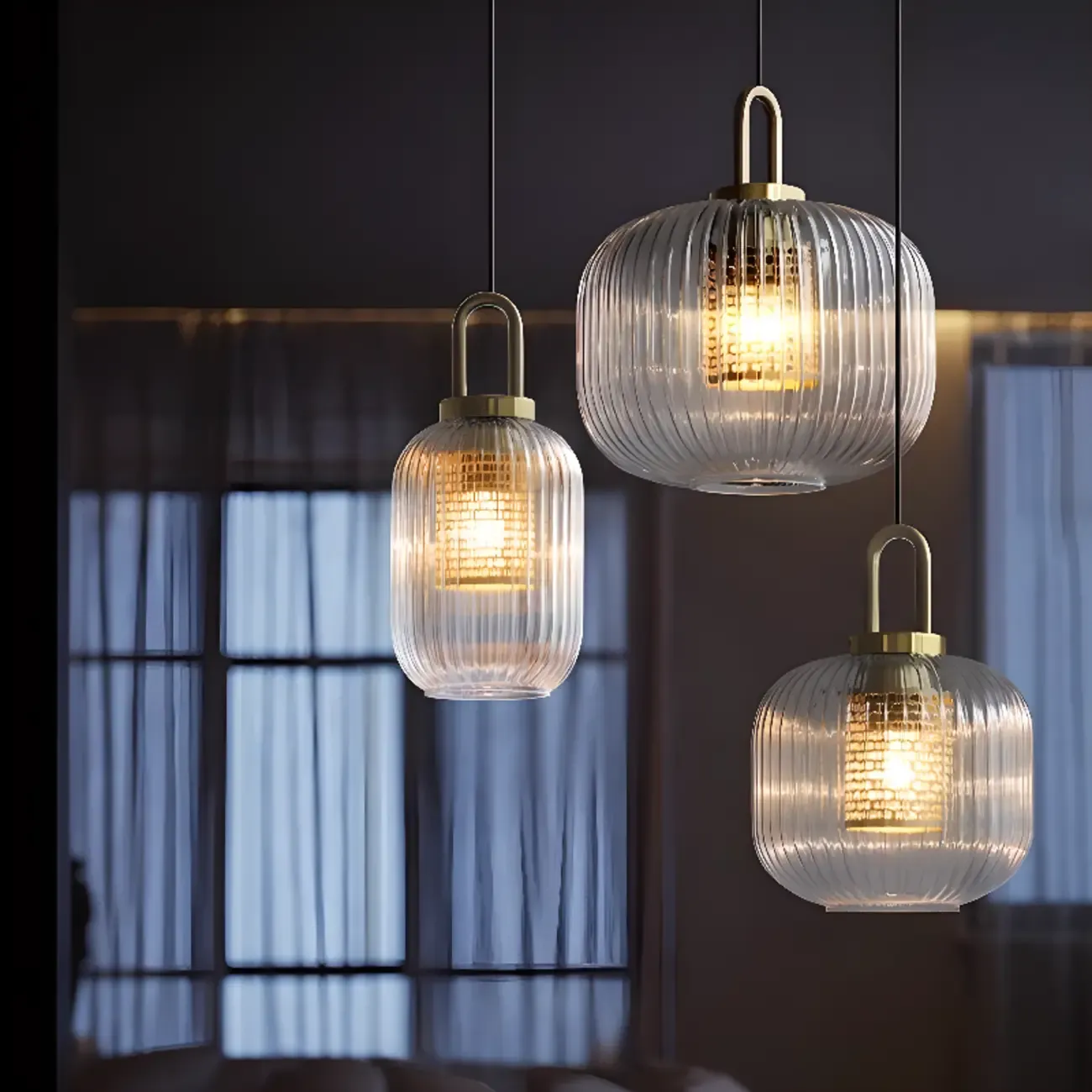 Gold Metal Ribbed Clear Glass Kitchen Pendant Light