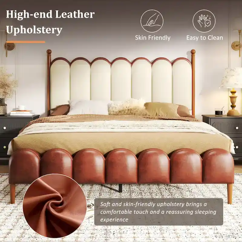 Christopher Knight Home - Leather Upholstered Bed with Headboard & Footboard, Solid Wood Slats & Legs, No Box Spring Needed