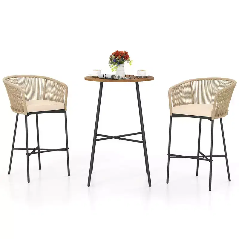 Costway 3 PCS Rope Woven Patio Bar Set with Soft Cushions and Acacia Wood Tabletop