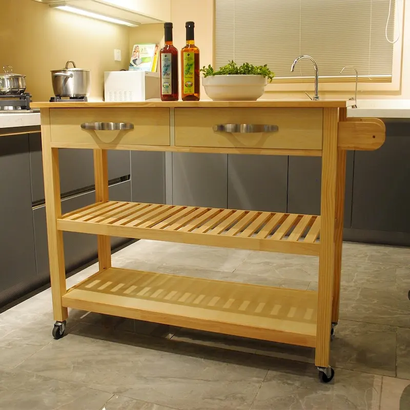 Kitchen Island & Kitchen Cart, Mobile Kitchen Island with Two Lockable Wheels, Rubber Wood Top, Simple Design