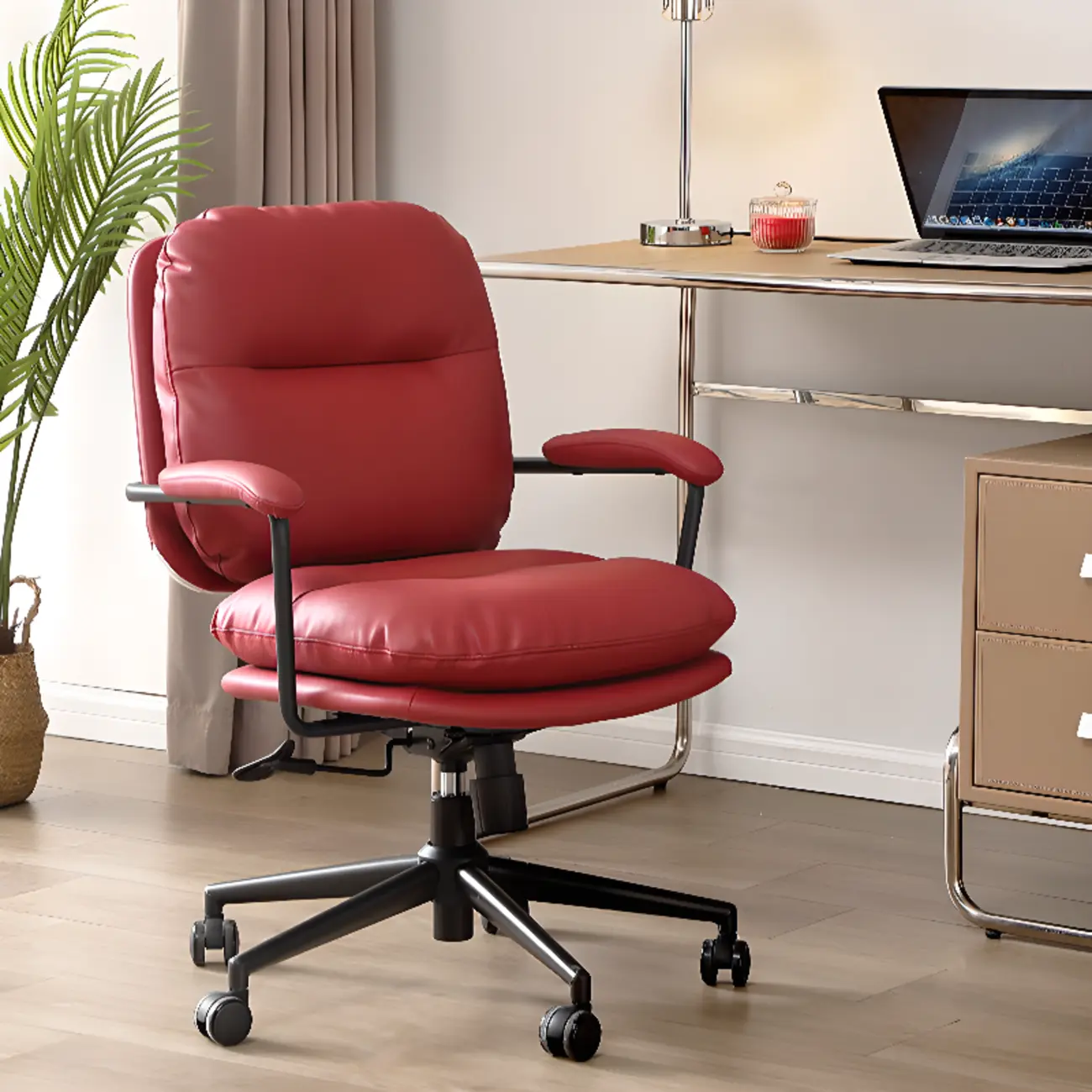 Elegant Beige Leather Swivel Ergonomic Office Chair