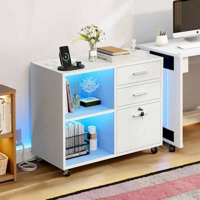 Moasis 3 Drawers Mobile LED Light Filing Cabinet with Charging Station Fit for A4/Letter Size