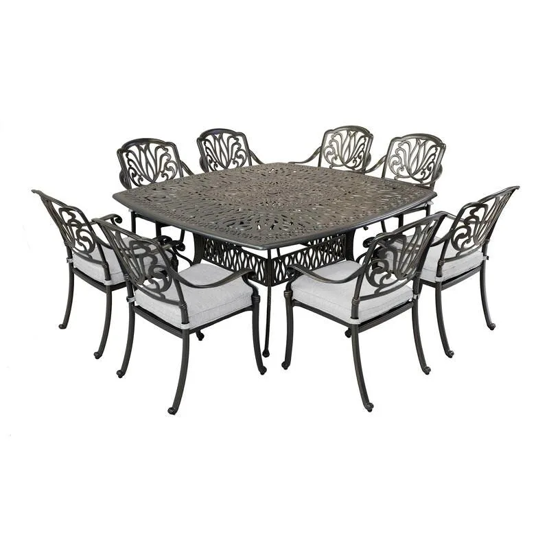 Saratoga 9-piece Gun Metal Aluminum Square Dining Set with 8 Cushioned Arm Dining Chairs