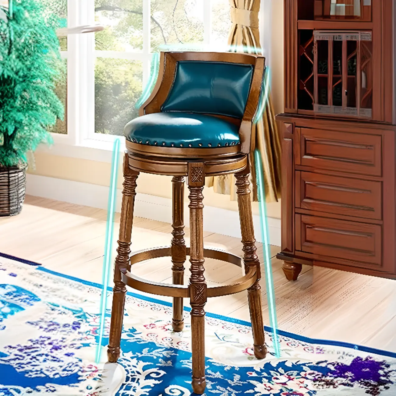 Traditional Blue Faux Leather Swivel Round Bar Stools