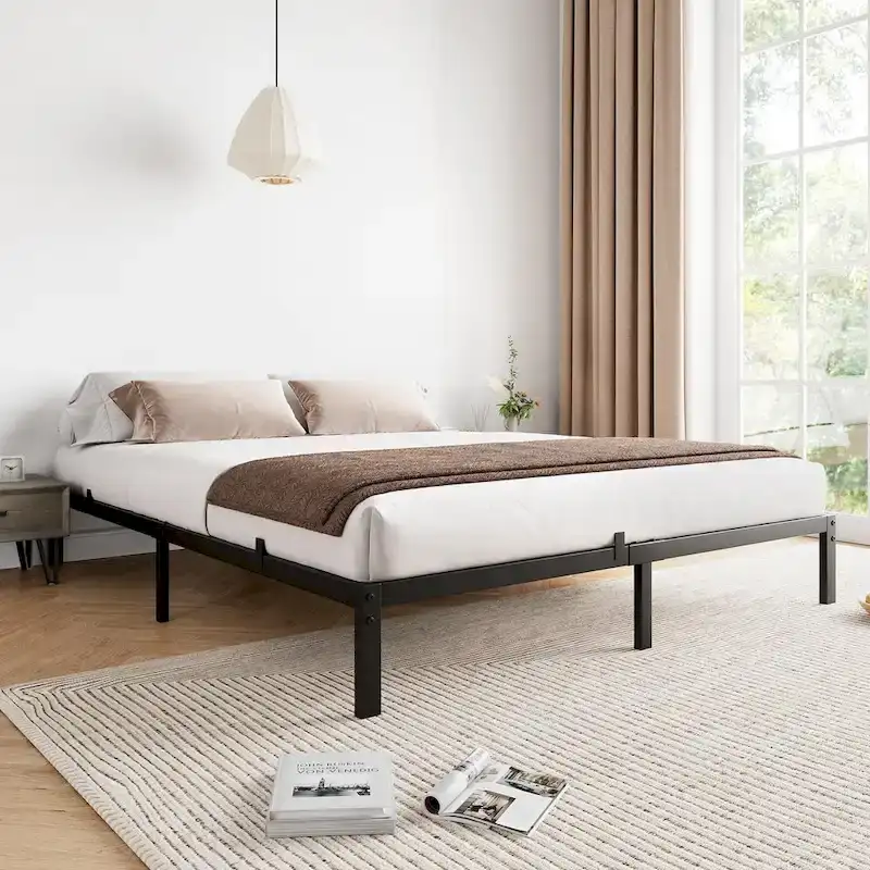 Black Metal Platform Bed Frame, No Box Spring Needed – Twin/Full/Queen/King, 1–2 Person