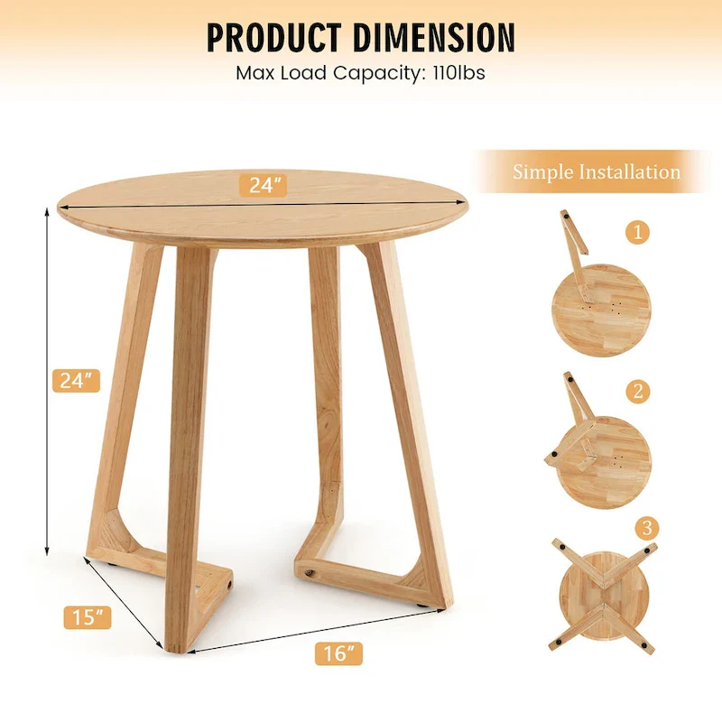 Natural Round Solid Rubber Wood End Table with V-Shaped Legs – Farmhouse Style, Living Room Use