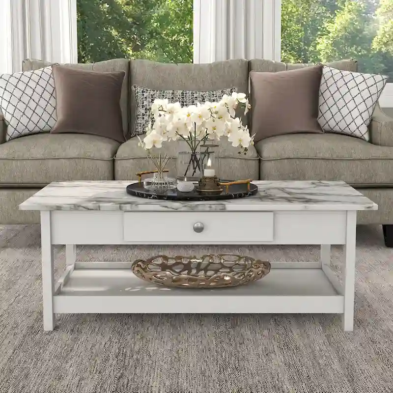 Transitional Rubberwood Coffee Table and End Table with Drawer