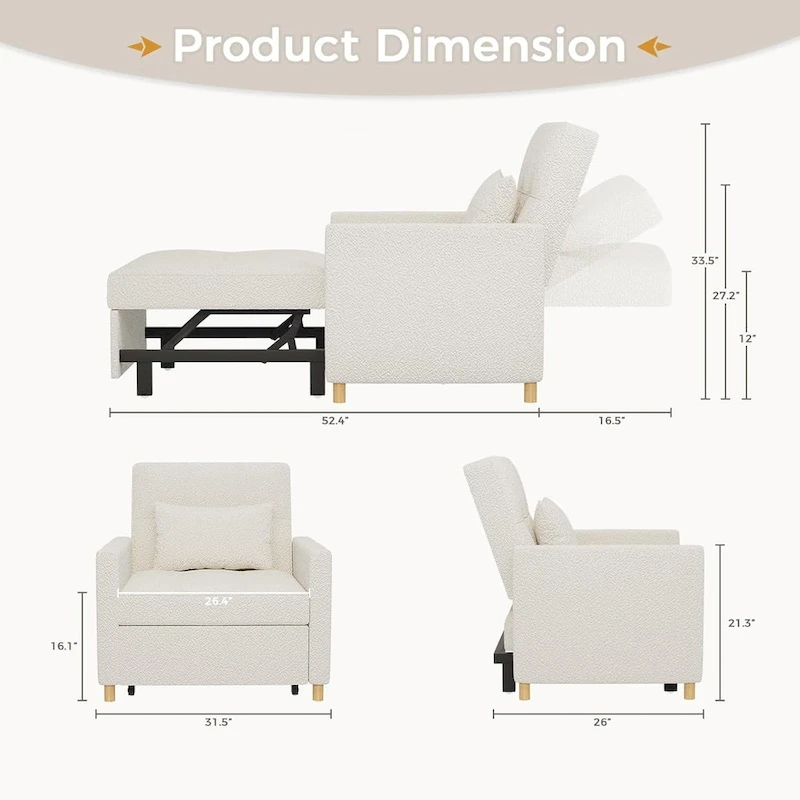 AECOJOY 3 in 1 Sleeper Sofa Chair w/ Pillow &Convertible Backrest